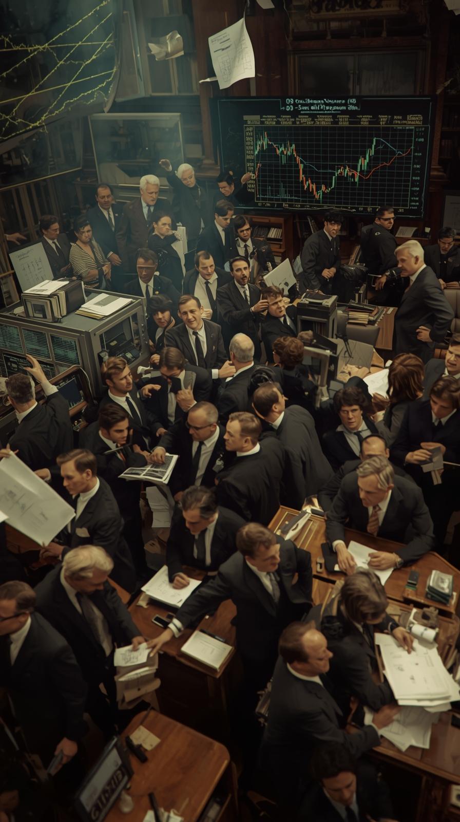 “A 1970s-style trading floor with analysts pointing at charts, one chart clearly showing OBV being used. The atmosphere feels like Wall Street in the 60s with paper, chalkboards, and classic suits.” “A 1970s-style trading floor with analysts pointing at charts, one chart clearly showing OBV being used. The atmosphere feels like Wall Street in the 60s with paper, chalkboards, and classic suits.”