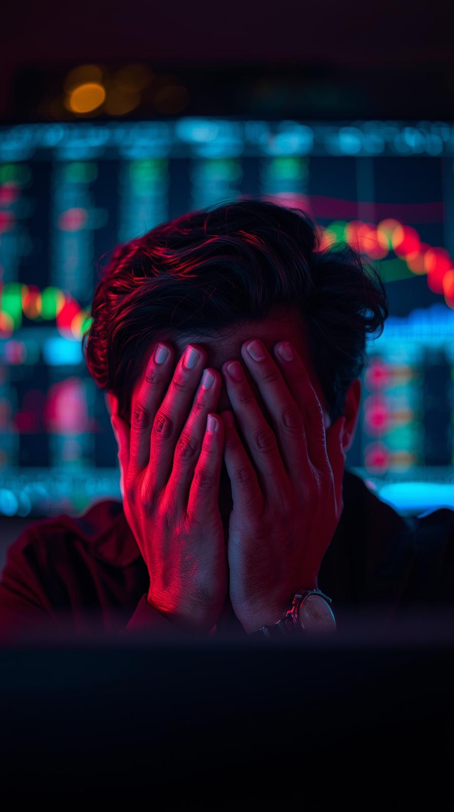 Trader menutup wajah dengan tangan, background layar kompetisi trading. Trader menutup wajah dengan tangan, background layar kompetisi trading.